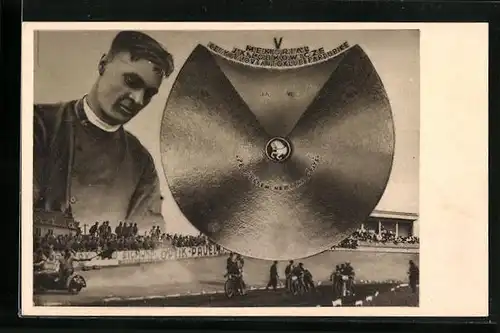 AK Memorial J. K. Lobkowicze - Portrait des Rennfahrers über der Rennbahn in Pardubice