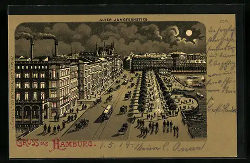 Mondschein-Lithographie Hamburg-Neustadt, Alter Jungfernstieg bei Nacht mit Strassenbahn