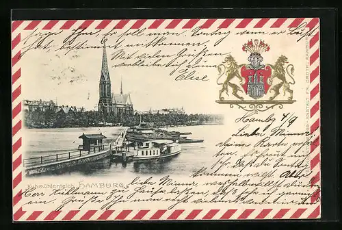 Präge-AK Hamburg-Uhlenhorst, Kuhmühlenteich mit Wappen