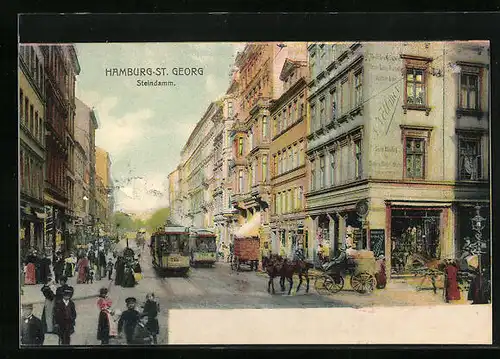 AK Hamburg-St.Georg, Steindamm mit Strassenbahn