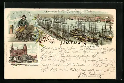 Lithographie Hamburg, Hafen und Neue Elbbrücke