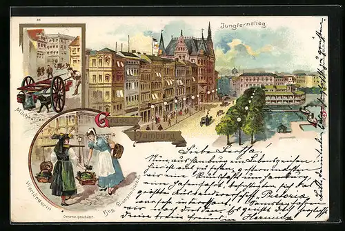 Lithographie Hamburg-Neustadt, Jungfernstieg mit Vierländerinnen