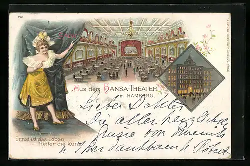 Lithographie Hamburg-St.Georg, Hansa-Theater mit Innenansicht