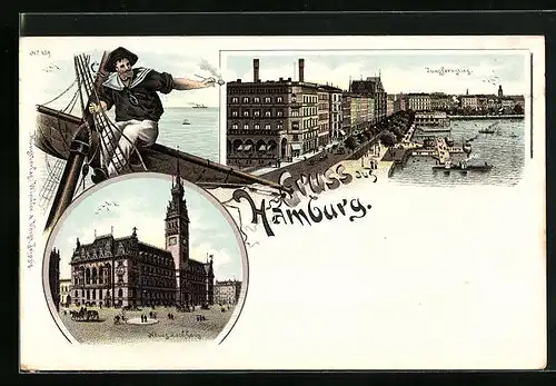 Lithographie Hamburg, Jungernstieg und Neues Rathaus