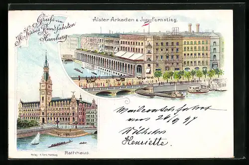 Lithographie Hamburg, Alster-Arkaden, Jungfernstieg, Rathaus