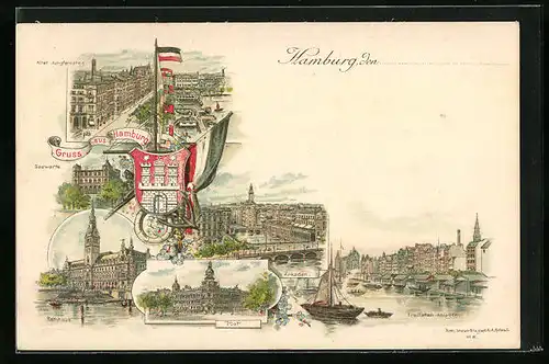 Lithographie Hamburg, Arkaden, Post, Seewarte und Alter Jungfernstieg