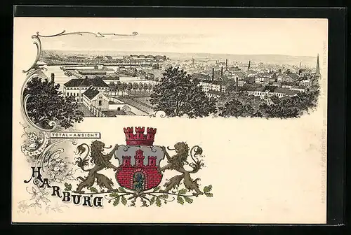 Lithographie Harburg, Totalansicht mit Wappen