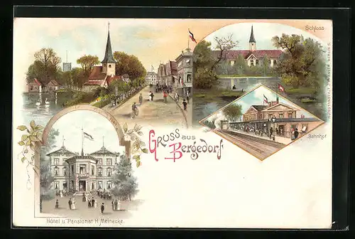 Lithographie Hamburg-Bergedorf, Bahnhof, Schloss, Pensionat Meinecke