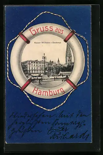 AK Hamburg, Kaiser Wilhelm-Denkmal mit Rettungsringdekor