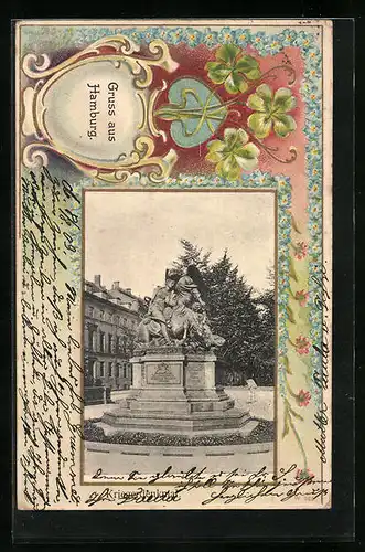 Präge-AK Hamburg, Krieger-Denkmal mit Kleedekor, Esplanade