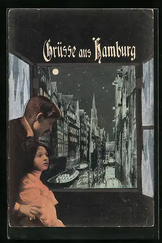 AK Hamburg, Fleet-Ansicht im Mondschein