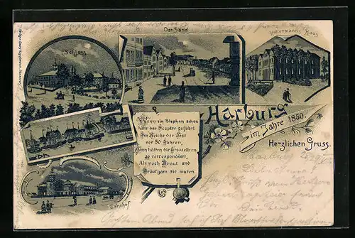 Lithographie Hamburg-Harburg, Partien der Stadt mit dem Schloss, Bahnhof