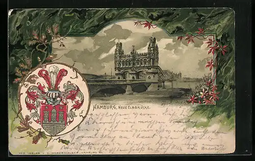 Passepartout-Lithographie Hamburg-Rothenburgsort, Neue Elbbrücke mit silberfarbenem Wappen