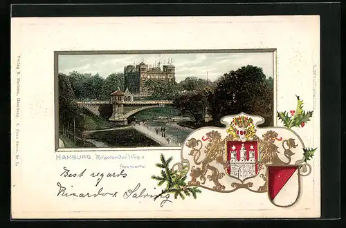 Passepartout-Lithographie Hamburg-St.Pauli, Helgoländer Weg, Seewarte, goldenes Wappen