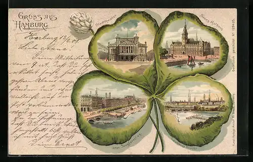 Passepartout-Lithographie Hamburg-Harburg, Hafen, Fährhaus, Kleeblatt