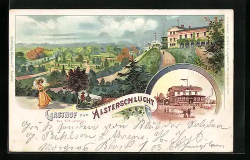 Lithographie Hamburg, Gasthaus zur Alsterschlucht, Bes. Rich. Jungelaus