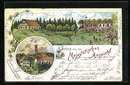 Lithographie Hamburg-Heimfeld, Gasthaus Majestätische Aussicht, Sommerfrischler in der Natur