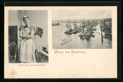 AK Hamburg-Harburg, Dienstmädchen mit Wedel aus Straussenfedern, Hafen