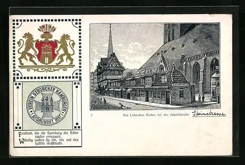 Passepartout-Lithographie Hamburg, Die Lübschen Buden, Jakobikirche, Wappen