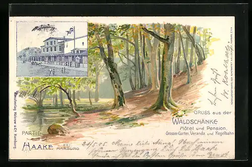 Lithographie Hamburg-Harburg, Hotel und Pension Waldschänke mit Kegelbahn, Wald mit Herbstlaub