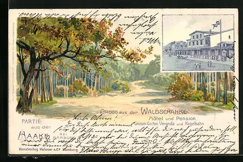 Lithographie Hamburg-Harburg, Hotel und Pension Waldschänke, Weg im Herbstwald