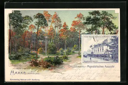 Lithographie Hamburg-Harburg, Hotel, Pension und Restaurant, Bes. A. Martens, Waldlandschaft