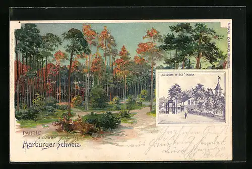 Lithographie Heimfeld / Harburg, Hotel, Pension, Restaurant Goldene Wiege, Bes. E. Staunau