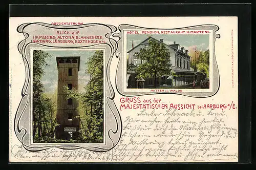 AK Hamburg-Harburg, Aussichtsturm, Hotel-Pension-Restaurant H. Martens
