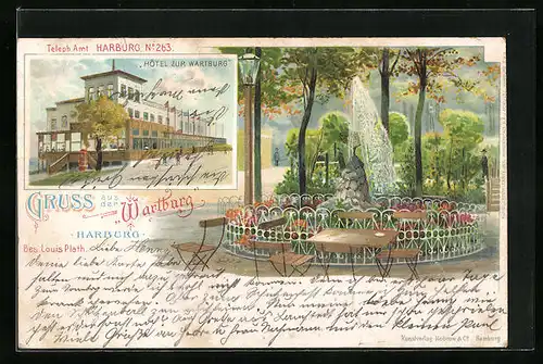 Lithographie Hamburg-Harburg, Fahnen wehen vor der Wartburg, Tische am Rondell