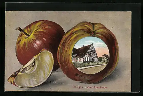 Künstler-AK Jork /Altes Land, durch einen Apfel scheinendes Reetdach-Fachwerkhaus