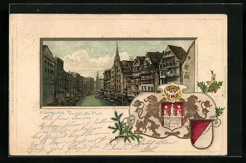 Passepartout-Lithographie Hamburg, Deichstrasse-Fleet, Wappen