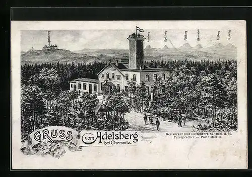 AK Adelsberg b. Chemnitz, Restaurant vor Bergpanorama, Bärenstein