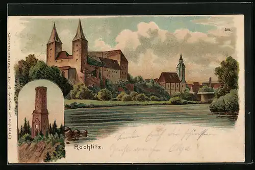 Lithographie Rochlitz, Kirche mit Doppelturmfassade