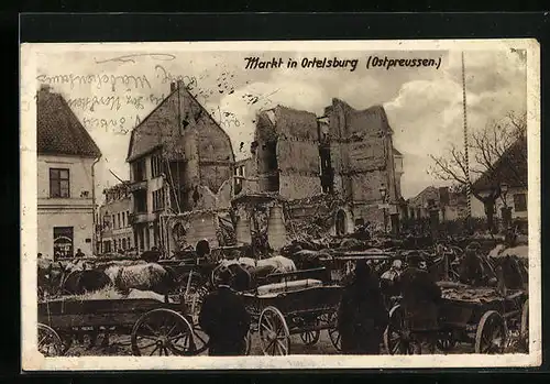 AK Ortelsburg /Ostpr., Markt vor kriegszerstörtem Haus