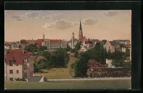 AK Löbau, Totalansicht mit Kirchturm