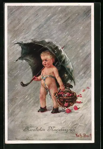 Künstler-AK K. Barth: Kleiner Junge mit Regenschirm und Korb, Neujahrsgruss