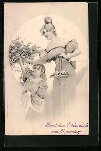 Künstler-AK W. Braun: Frau und Mädchen pflücken Blüten, Glückwunsch zum Namenstag