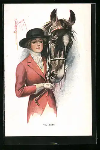 Künstler-AK Court Barber: Victress, Reiterin mit ihrem Pferd