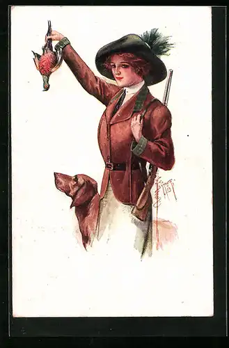 Künstler-AK Court Barber: Jägerin mit Fasan