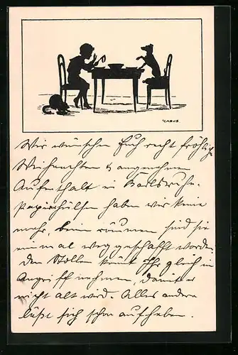 Künstler-AK Carus: Schattenbild, Junge mit Hund und Katze am Tisch