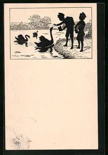Künstler-AK Carus: Schattenbild, Zwei Jungen füttern Schwäne