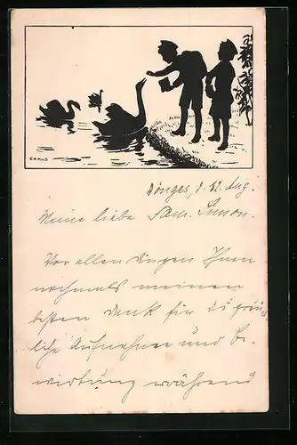 Künstler-AK Carus: Schattenbild, Zwei Jungen füttern Schwäne