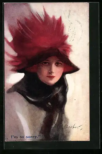 Künstler-AK Court Barber: I`m so sorry, Junge Frau mit Federhut