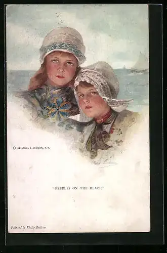 Künstler-AK Philip Boileau: Pebbles on the Beach, Zwei junge Frauen mit Hauben