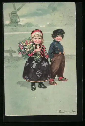 Künstler-AK E. Colombo: Kinderpaar mit Blumen, Im Hintergrund Windmühle