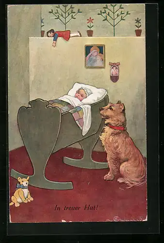 Künstler-AK E. Colombo: In treuer Hut!, Hund vor Wiege mit Baby