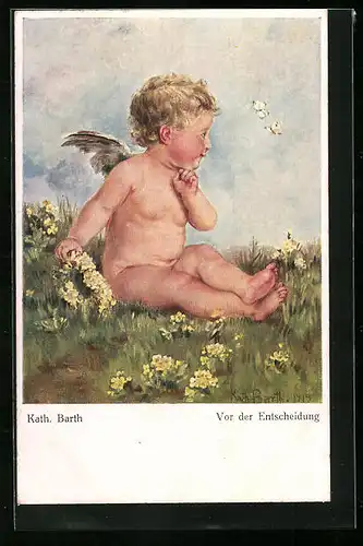 Künstler-AK K. Barth: Vor der Entscheidung, Amor und zwei Schmetterlinge