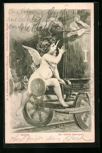 Künstler-AK Franz Doubek: Der blinde Passagier - Engel fährt auf Poller eines Zuges mit