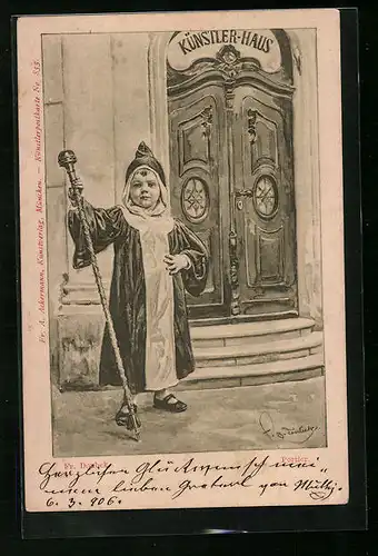 Künstler-AK Franz Doubek: Portier - Münchener Kindl vor dem Künstler-Haus