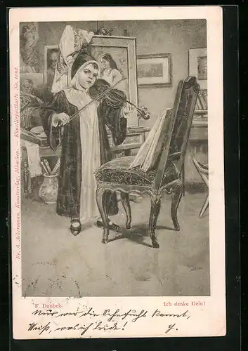 Künstler-AK Franz Doubek: Ich denke Dein!Münchener Kindl spielt Geige in einem Salon